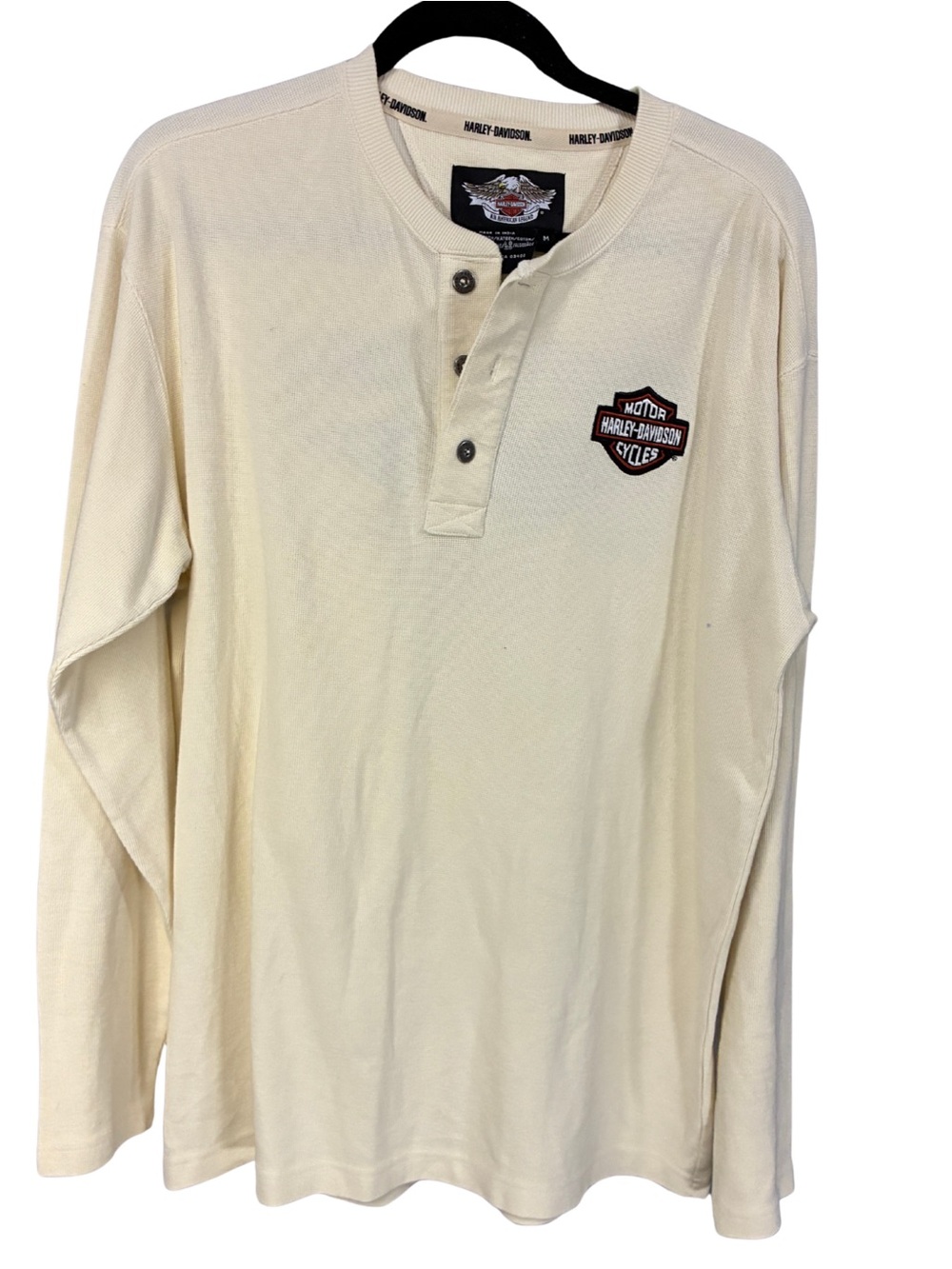 Harley-Davidson Cream Long-Sleeve Henley with Chest Patch